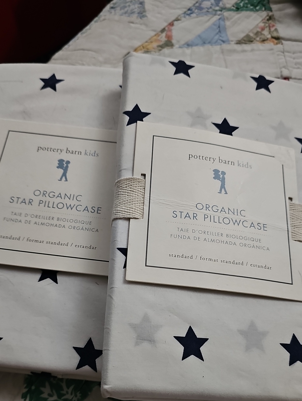 Pottery Barn Kids White Organic Star Pillowcase with Navy Blue Stars